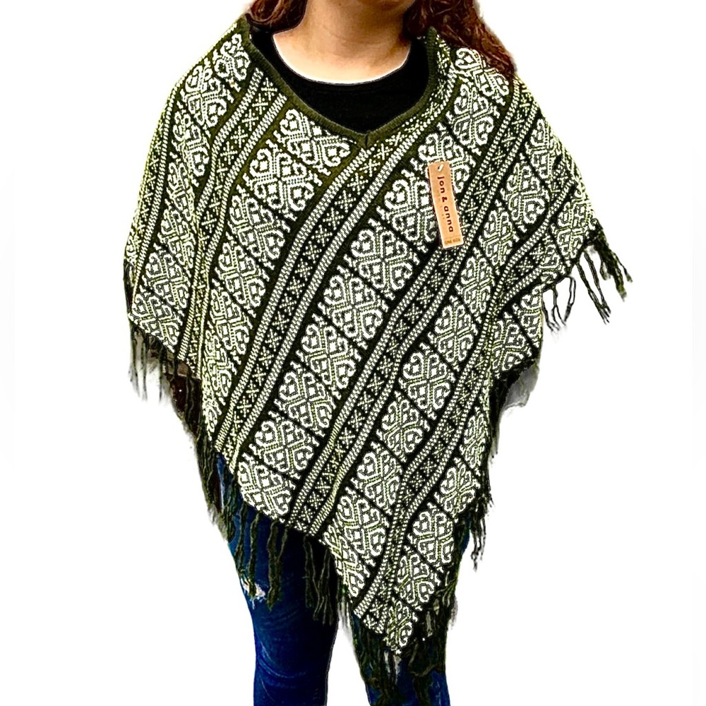 Jon & Anna Olive/Cream Fringed Poncho Sweater! NEW!